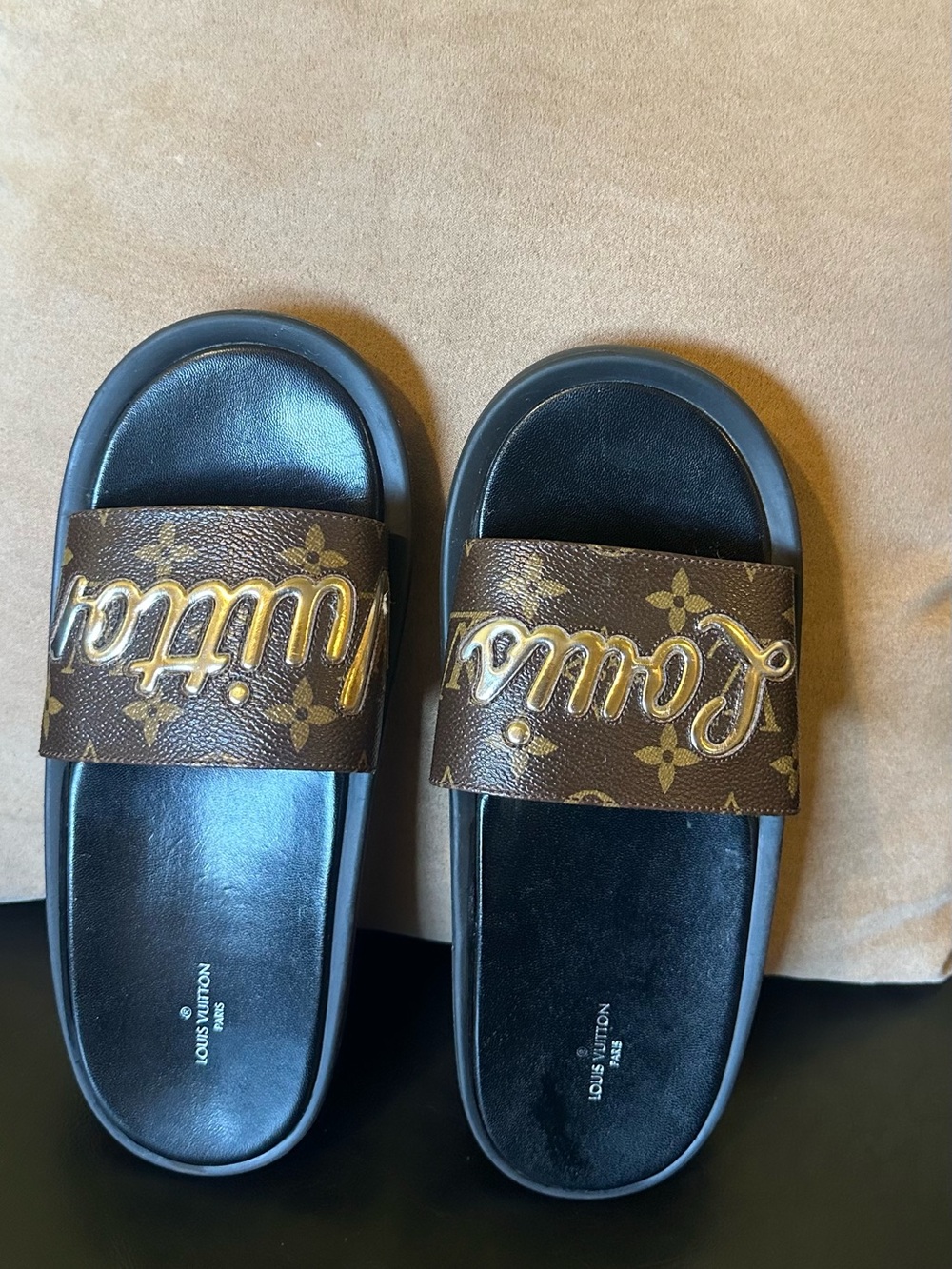 Louis Vuitton Brown and Gold Monogram Slide Sandals - Picture 6 of 9